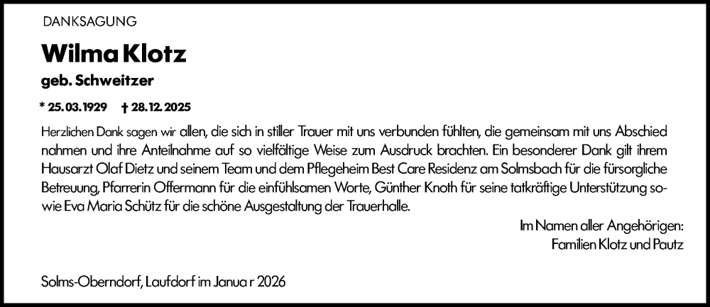  Traueranzeige für Wilma Klotz vom 24.01.2026 aus Wetzlarer Neue Zeitung