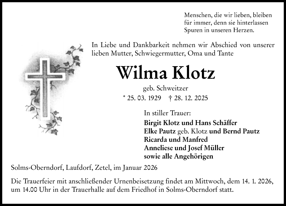  Traueranzeige für Wilma Klotz vom 10.01.2026 aus Wetzlarer Neue Zeitung