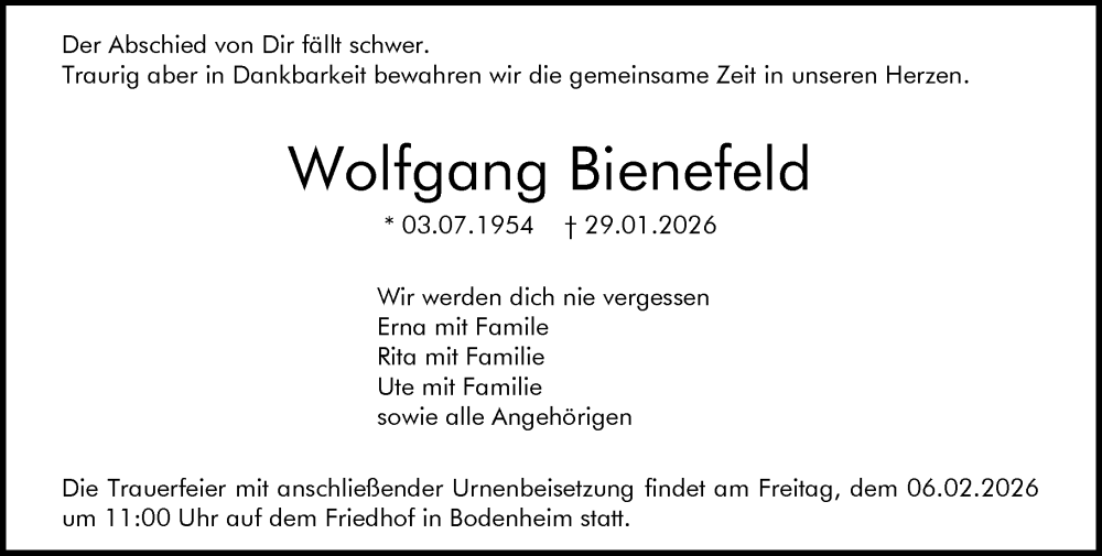  Traueranzeige für Wolfgang Bienefeld vom 31.01.2026 aus Allgemeine Zeitung Mainz