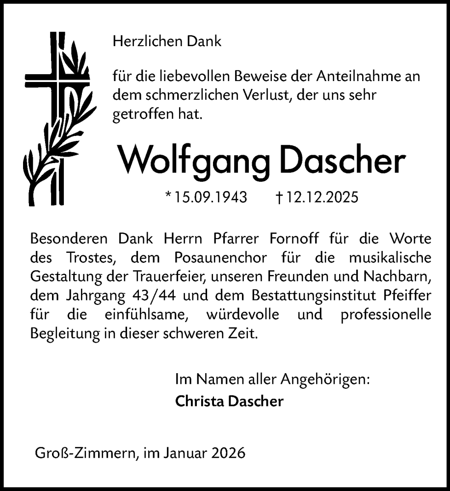  Traueranzeige für Wolfgang Dascher vom 03.01.2026 aus Darmstädter Echo
