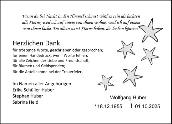 Traueranzeige von Wolfgang Huber von Camberger Anzeiger