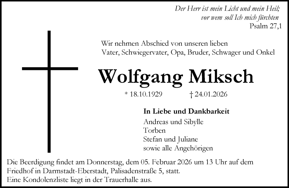  Traueranzeige für Wolfgang Miksch vom 31.01.2026 aus Darmstädter Echo