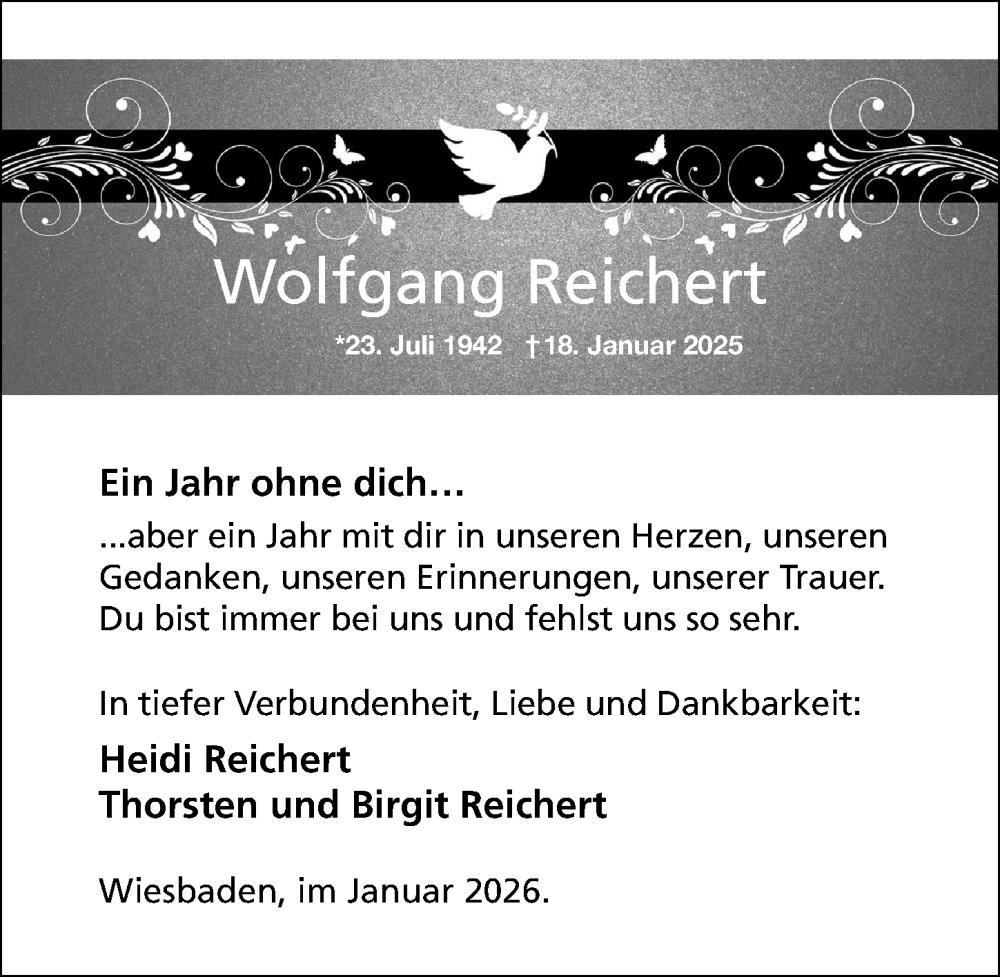  Traueranzeige für Wolfgang Reichert vom 17.01.2026 aus Wiesbadener Kurier