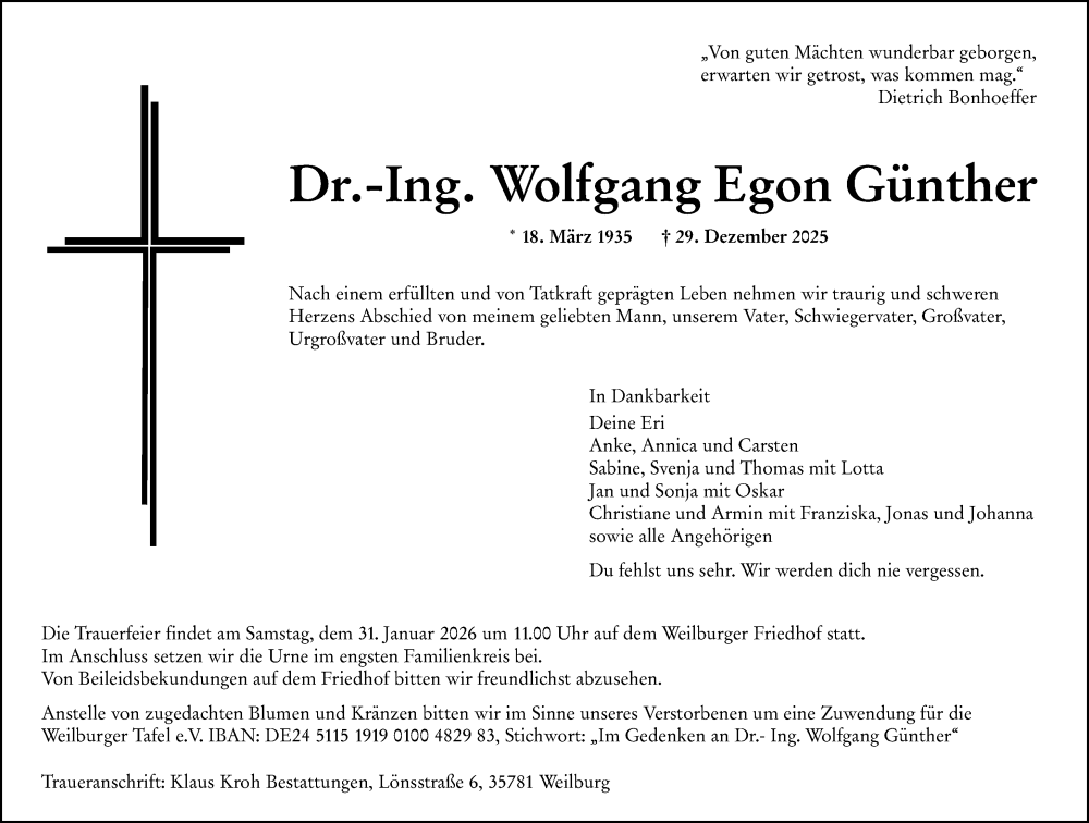  Traueranzeige für Wolfgang Egon Günther vom 17.01.2026 aus Weilburger Tageblatt
