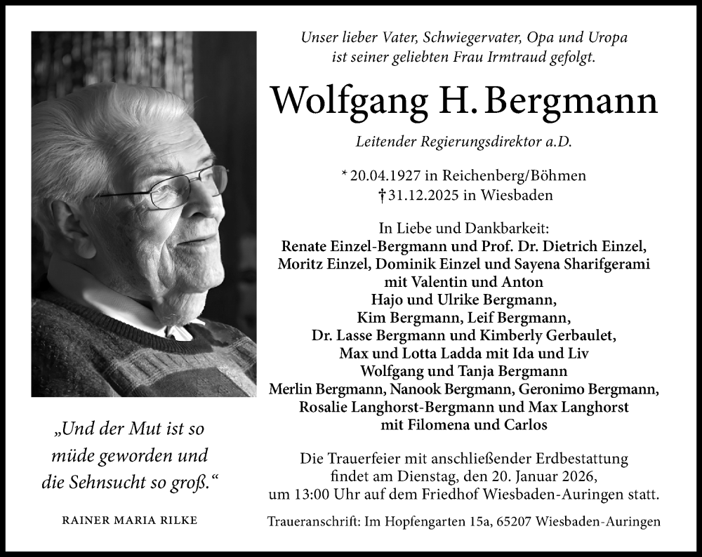  Traueranzeige für Wolfgang H. Bergmann vom 10.01.2026 aus Wiesbadener Kurier