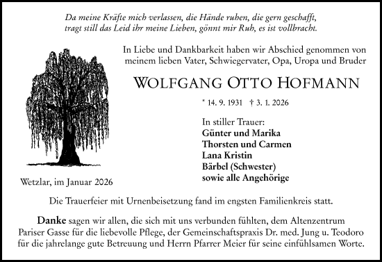 Traueranzeige von Wolfgang Otto Hofmann von Wetzlarer Neue Zeitung