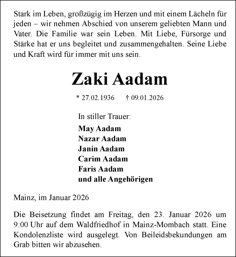  Traueranzeige für Zaki Aadam vom 17.01.2026 aus Allgemeine Zeitung Mainz