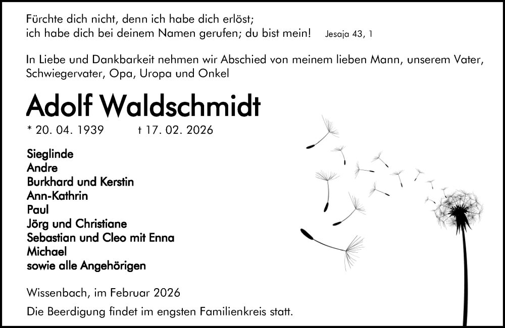 Traueranzeige für Adolf Waldschmidt vom 19.02.2026 aus Dill Block