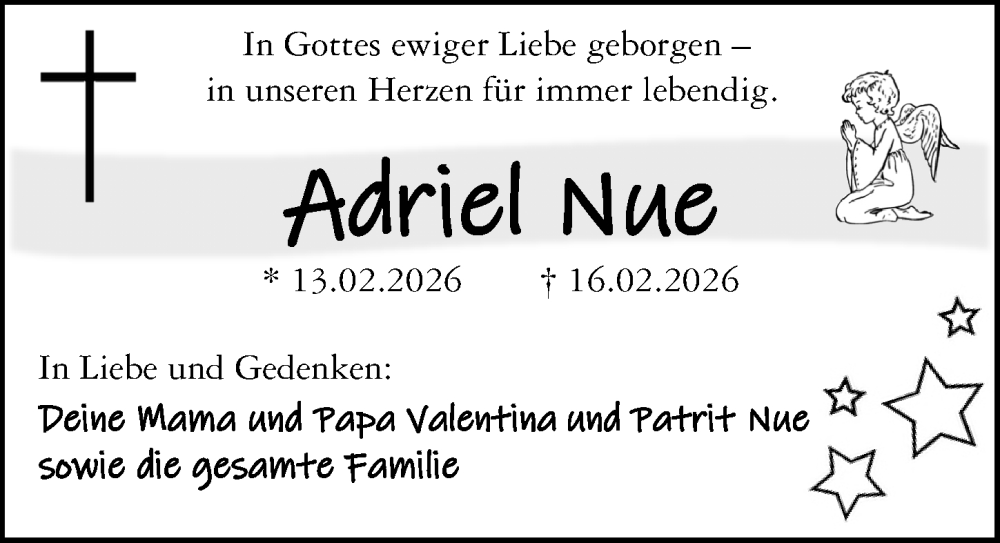  Traueranzeige für Adriel Nue vom 20.02.2026 aus Dill Block