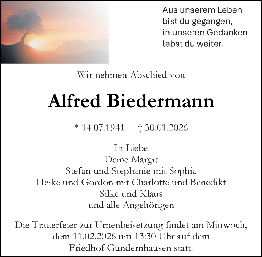  Traueranzeige für Alfred Biedermann vom 07.02.2026 aus Darmstädter Echo