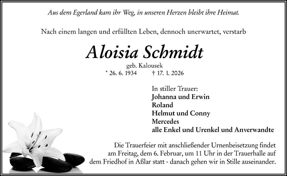  Traueranzeige für Aloisia Schmidt vom 03.02.2026 aus Wetzlarer Neue Zeitung