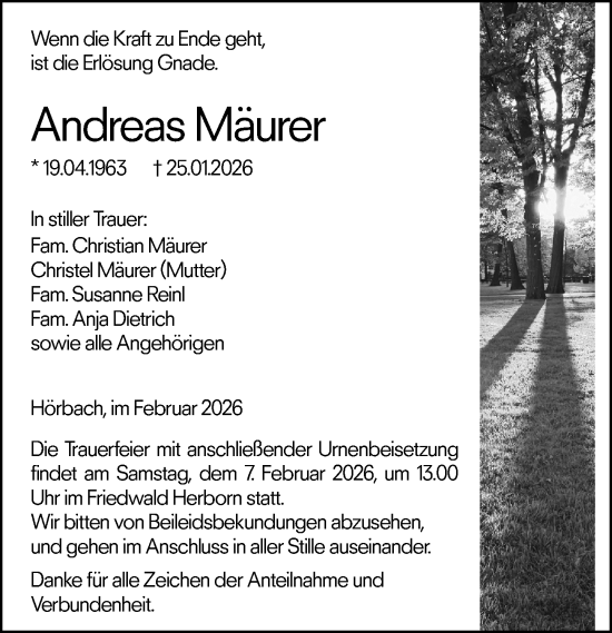 Traueranzeige von Andreas Mäurer von Dill Block