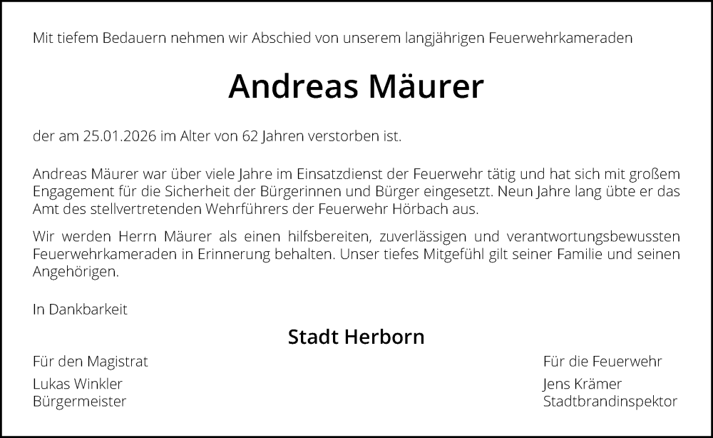  Traueranzeige für Andreas Mäurer vom 06.02.2026 aus Dill Block
