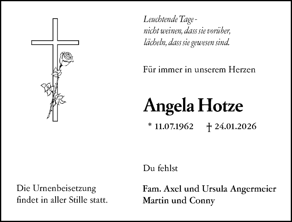  Traueranzeige für Angela Hotze vom 07.02.2026 aus Dieburger Anzeiger/Groß-Zimmerner Lokal-Anzeiger