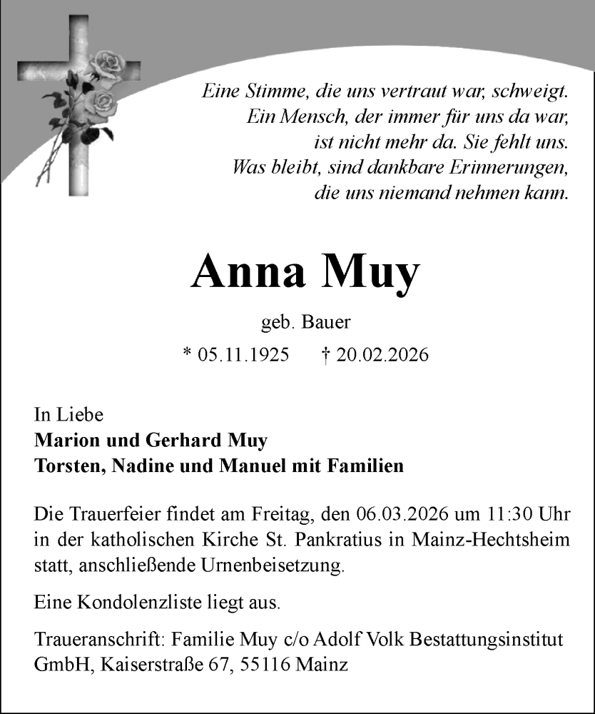  Traueranzeige für Anna Muy vom 28.02.2026 aus Allgemeine Zeitung Mainz