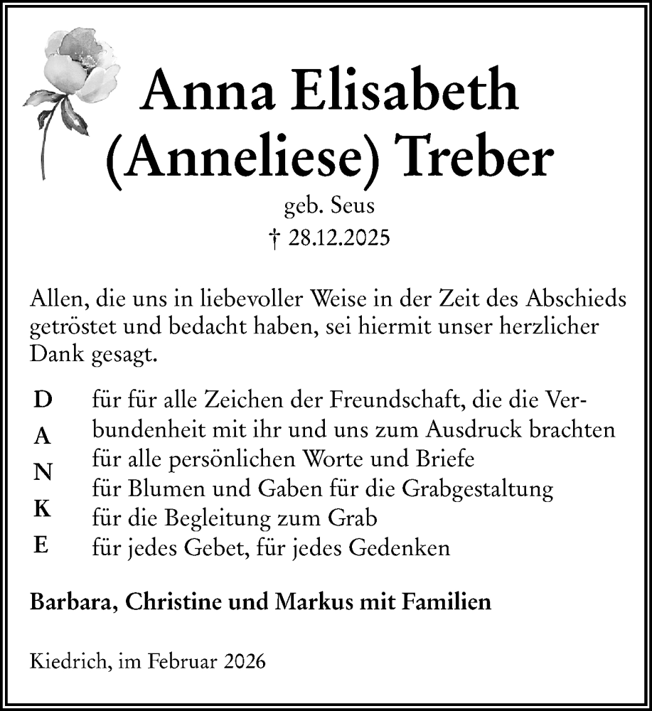  Traueranzeige für Anna Elisabeth Treber vom 07.02.2026 aus Rheingau Kurier