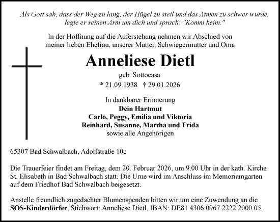 Traueranzeige von Anneliese Dietl von Wiesbadener Kurier