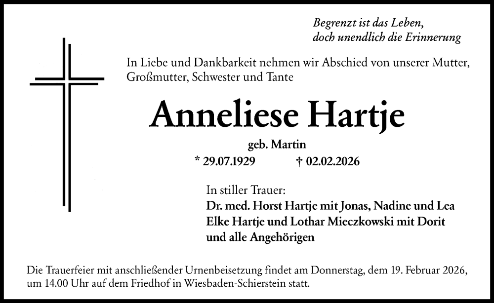  Traueranzeige für Anneliese Hartje vom 07.02.2026 aus Wiesbadener Kurier