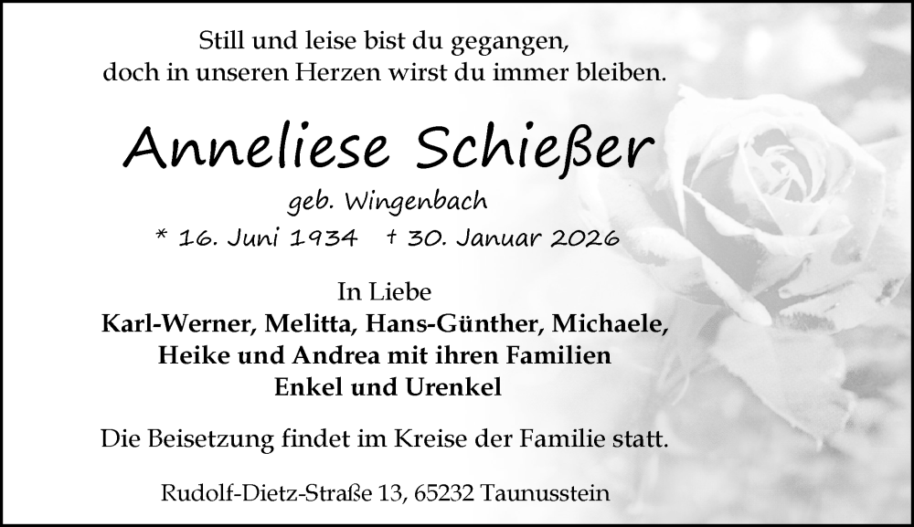  Traueranzeige für Anneliese Schießer vom 07.02.2026 aus Wiesbadener Kurier