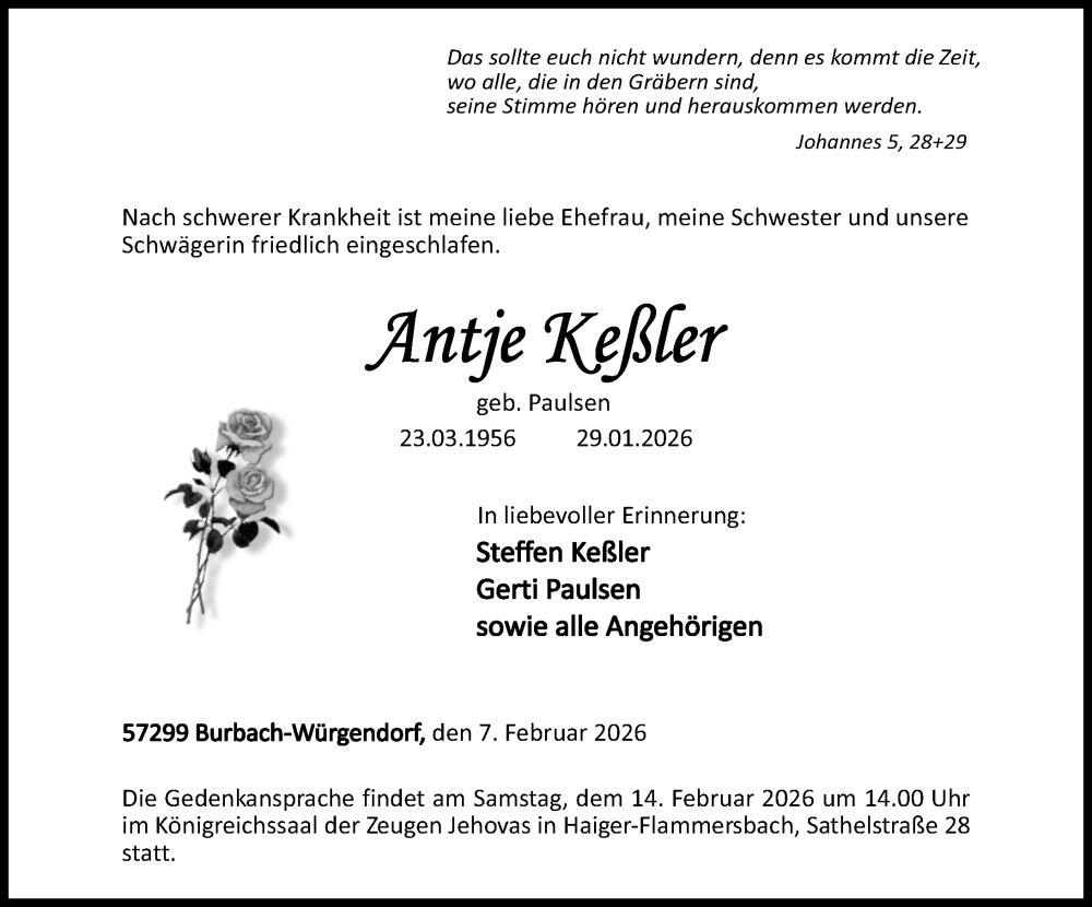  Traueranzeige für Antje Keßler vom 07.02.2026 aus Dill Block