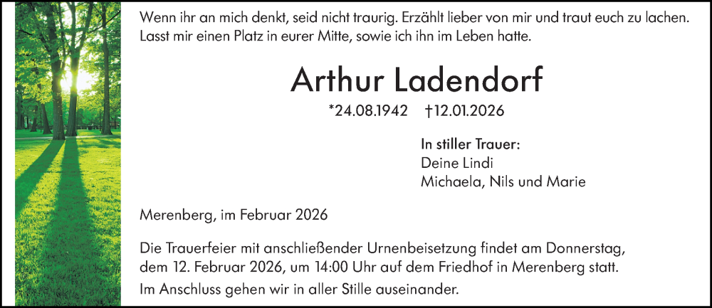  Traueranzeige für Arthur Ladendorf vom 07.02.2026 aus Weilburger Tageblatt