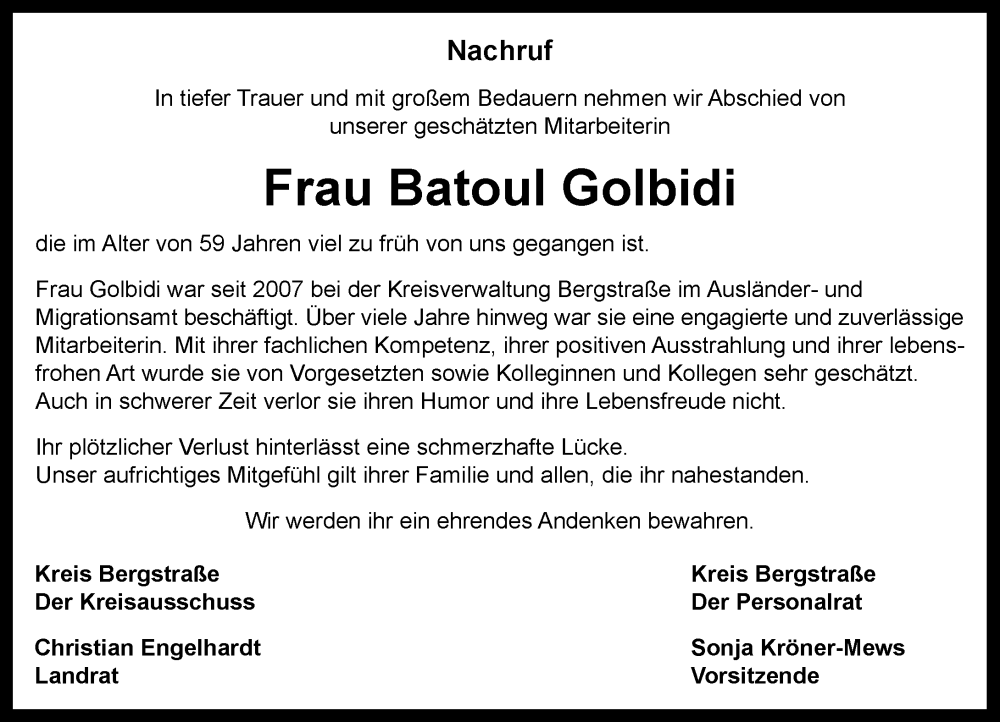  Traueranzeige für Batoul Golbidi vom 07.02.2026 aus Starkenburger Echo