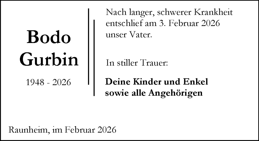  Traueranzeige für Bodo Gurbin vom 07.02.2026 aus Rüsselsheimer Echo