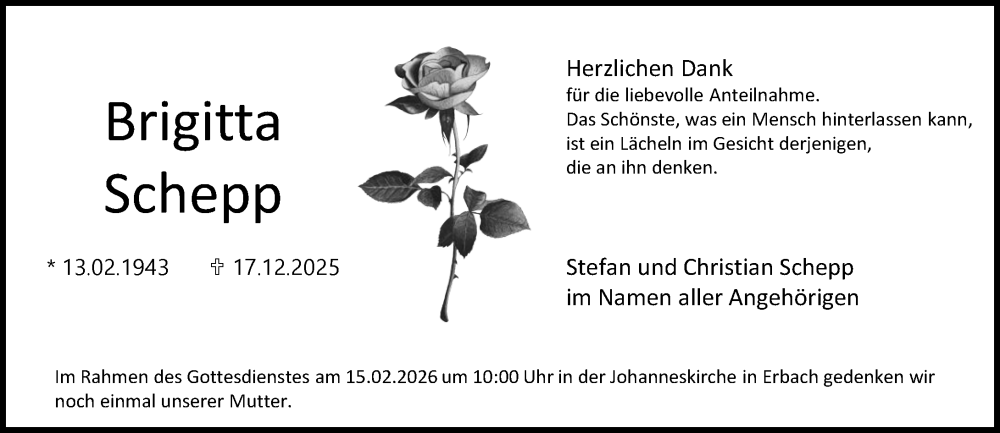  Traueranzeige für Brigitta Schepp vom 07.02.2026 aus Wiesbadener Kurier