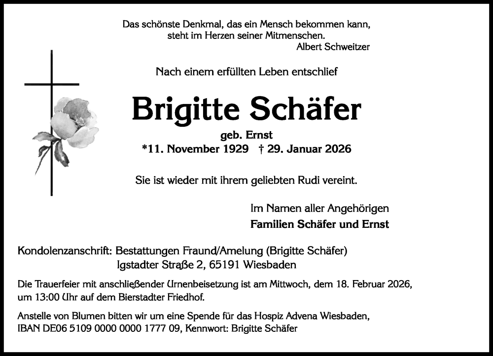  Traueranzeige für Brigitte Schäfer vom 07.02.2026 aus Wiesbadener Kurier