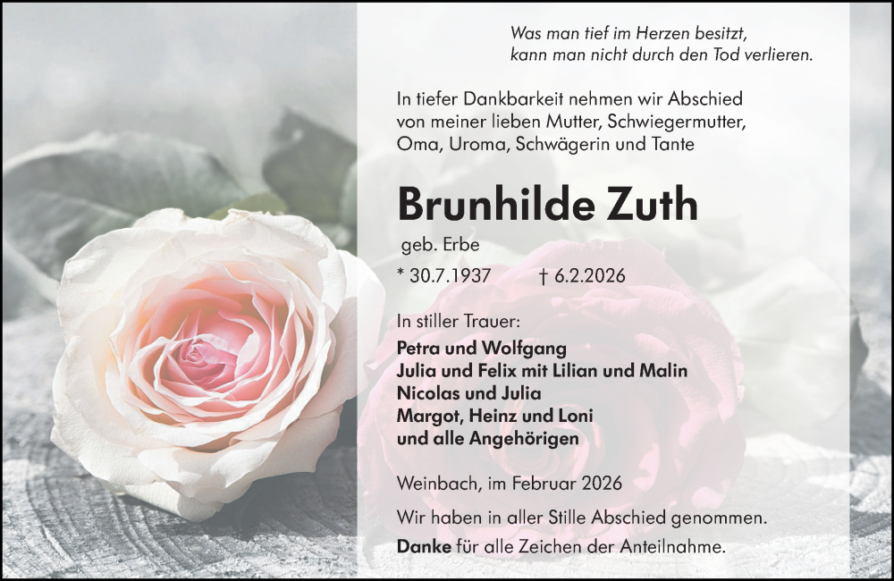  Traueranzeige für Brunhilde Zuth vom 28.02.2026 aus Weilburger Tageblatt