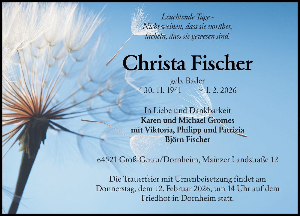  Traueranzeige für Christa Fischer vom 07.02.2026 aus Groß-Gerauer Echo