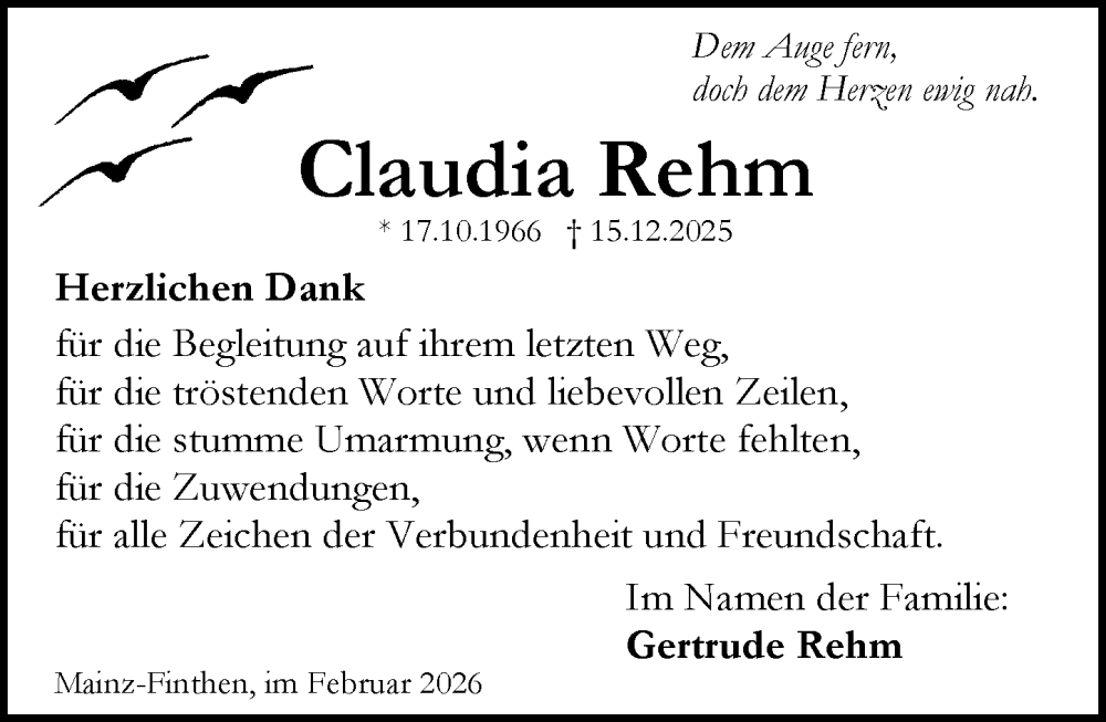  Traueranzeige für Claudia Rehm vom 07.02.2026 aus Allgemeine Zeitung Mainz