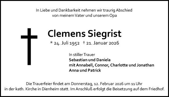 Traueranzeige von Clemens Siegrist von Allgemeine Zeitung Mainz