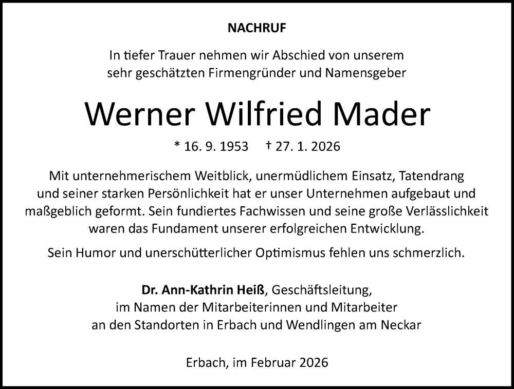  Traueranzeige für Werner Wilfried Mader vom 04.02.2026 aus 