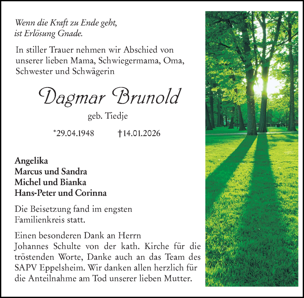  Traueranzeige für Dagmar Brunold vom 07.02.2026 aus Allgemeine Zeitung Alzey