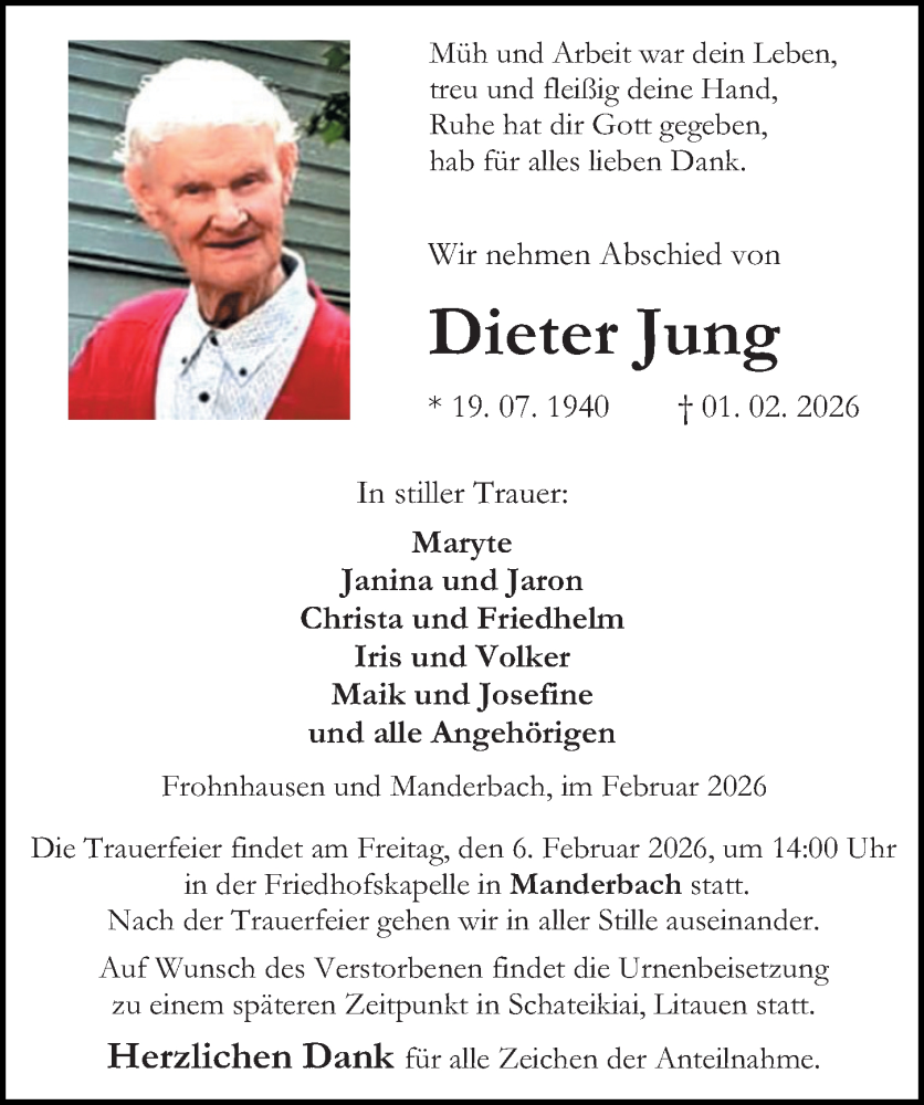  Traueranzeige für Dieter Jung vom 04.02.2026 aus Dill Block