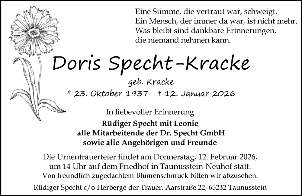  Traueranzeige für Doris Specht-Kracke vom 07.02.2026 aus Rheingau-Taunus-Kreis Wochenblatt