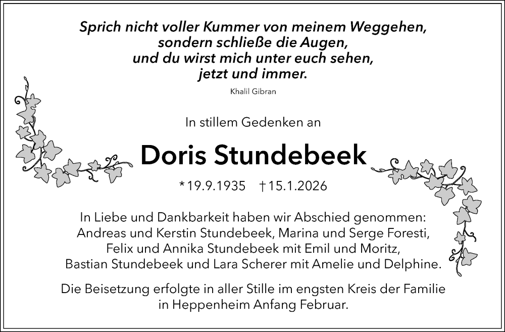 Traueranzeige für Doris Stundebeek vom 07.02.2026 aus Starkenburger Echo