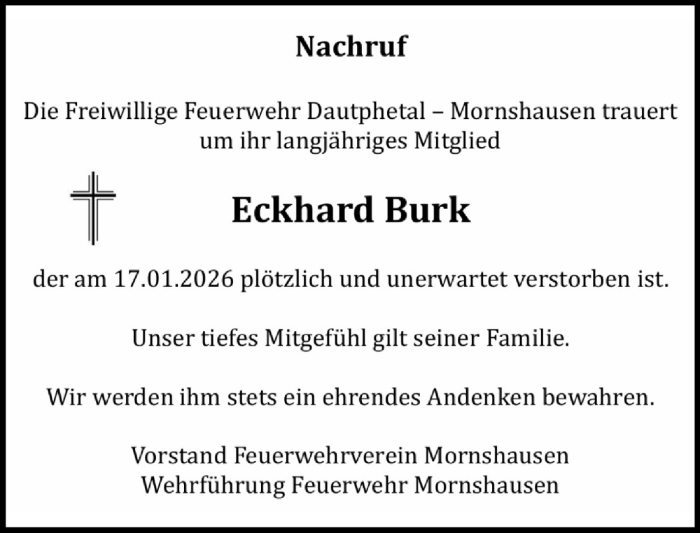  Traueranzeige für Eckhard Burk vom 02.02.2026 aus Hinterländer Anzeiger