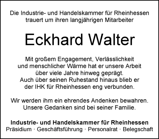Traueranzeige von Eckhard Walter von Allgemeine Zeitung Mainz