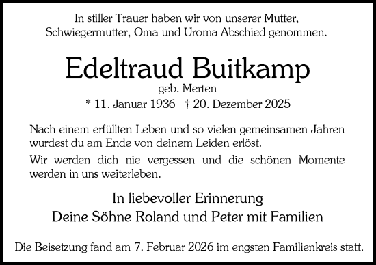 Traueranzeige von Edeltraud Buitkamp von Rheingau-Taunus-Kreis Wochenblatt