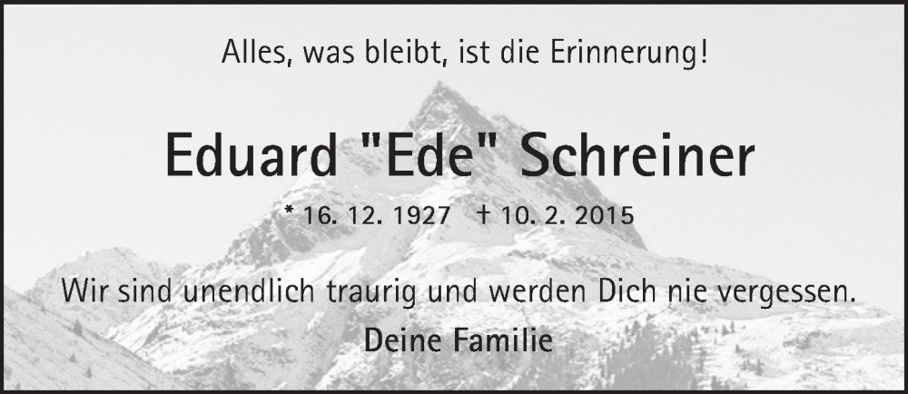  Traueranzeige für Eduard Schreiner vom 10.02.2026 aus Wiesbadener Kurier