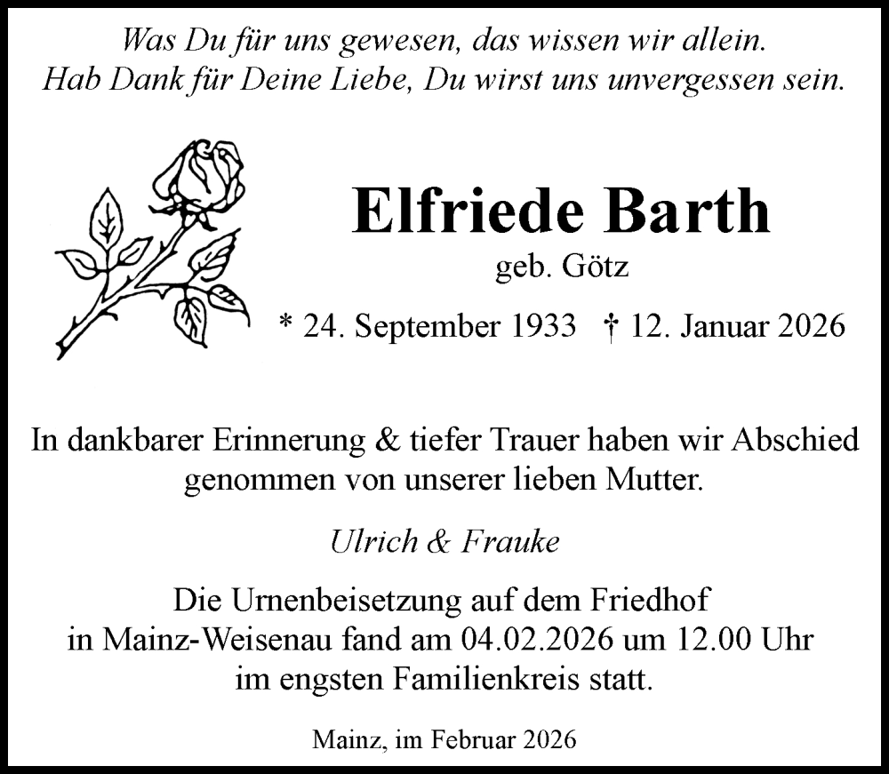  Traueranzeige für Elfriede Barth vom 07.02.2026 aus Allgemeine Zeitung Mainz