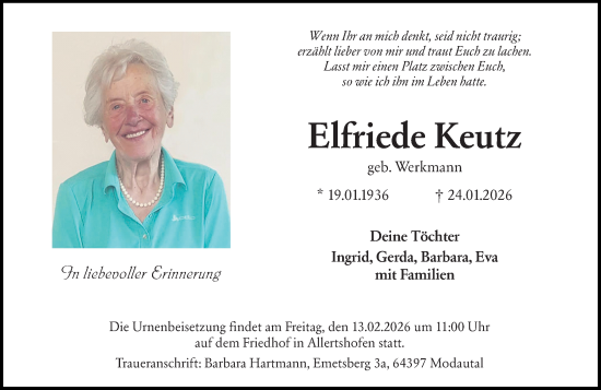 Traueranzeige von Elfriede Keutz von Darmstädter Echo