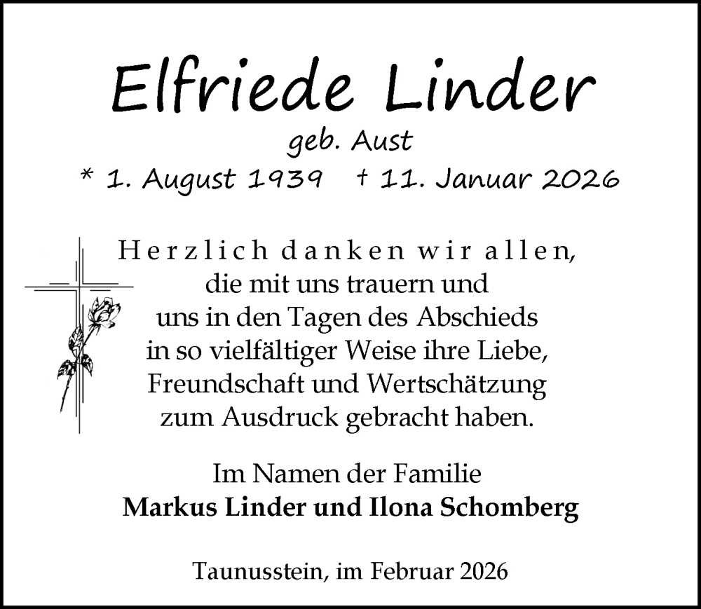  Traueranzeige für Elfriede Linder vom 07.02.2026 aus Rheingau-Taunus-Kreis Wochenblatt