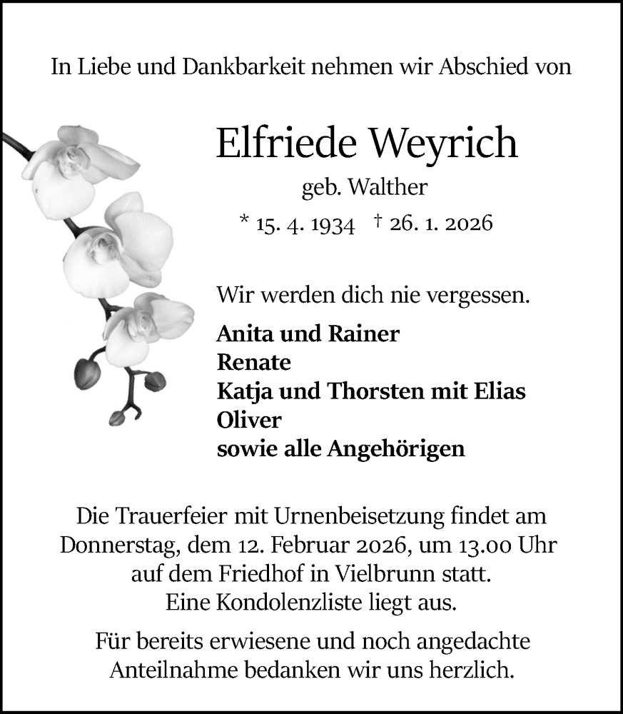  Traueranzeige für Elfriede Weyrich vom 07.02.2026 aus Odenwälder Echo