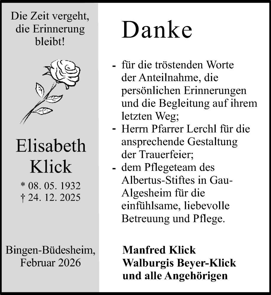  Traueranzeige für Elisabeth Klick vom 07.02.2026 aus Allgemeine Zeitung Rheinhessen-Nahe