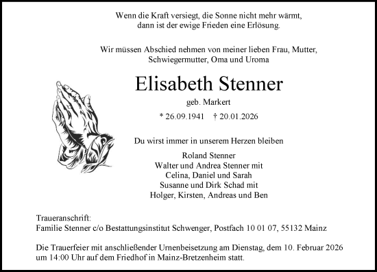 Traueranzeige von Elisabeth Stenner von Allgemeine Zeitung Mainz