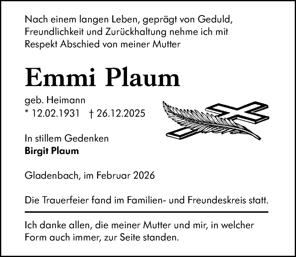  Traueranzeige für Emmi Plaum vom 07.02.2026 aus Hinterländer Anzeiger
