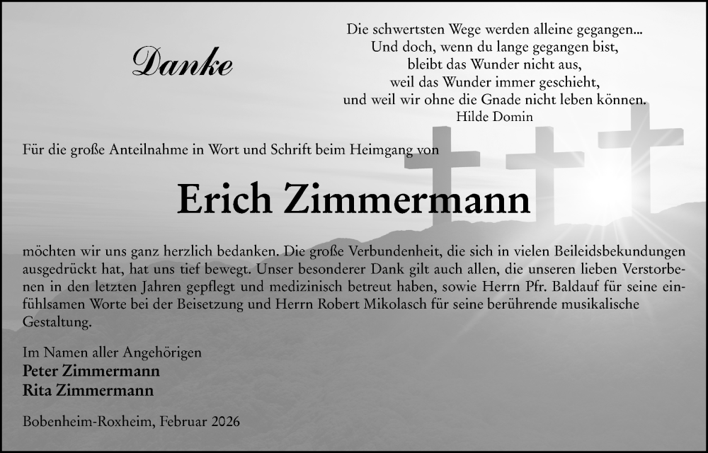  Traueranzeige für Erich Zimmermann vom 07.02.2026 aus Wormser Zeitung